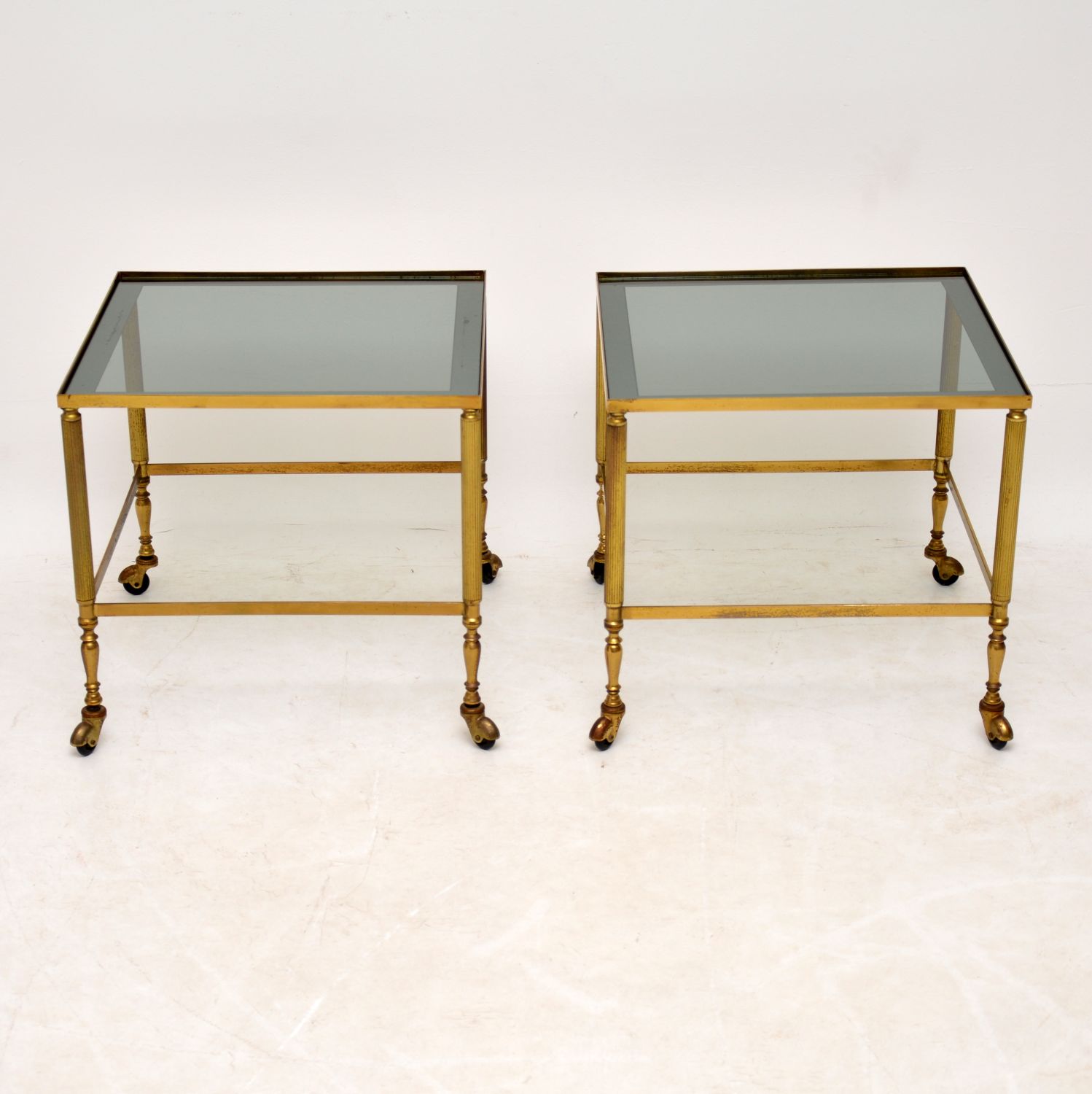 pair of vintage retro french brass glass side tables