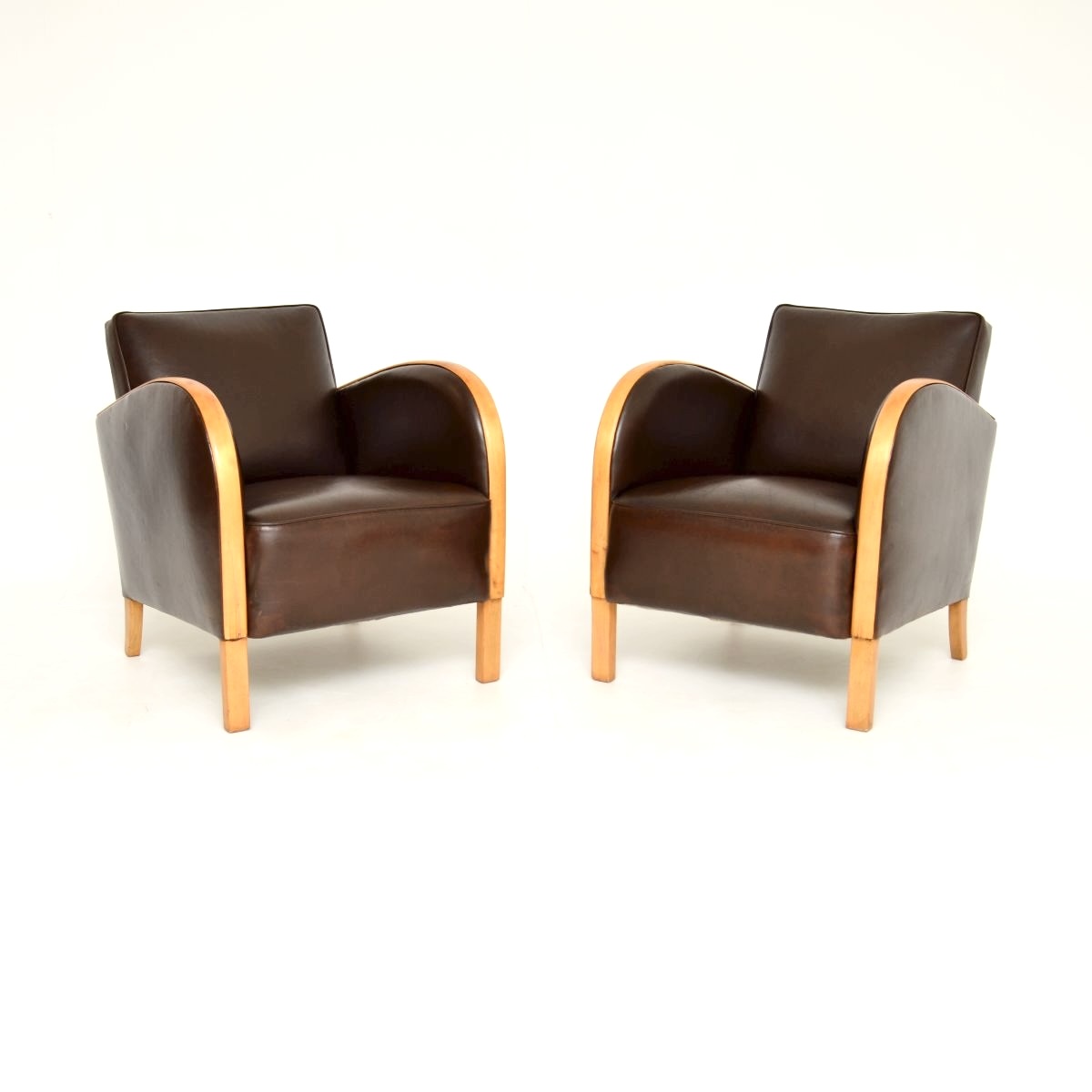 Pair of Swedish Art Deco Armchairs in Satin Birch and Leather