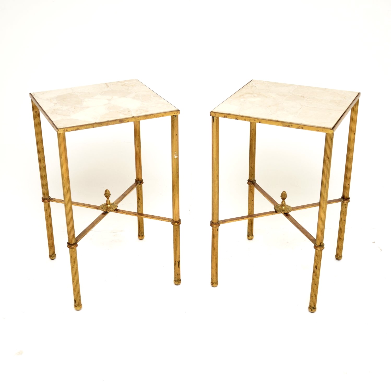 Pair of Vintage French Brass and Marble Side Tables
