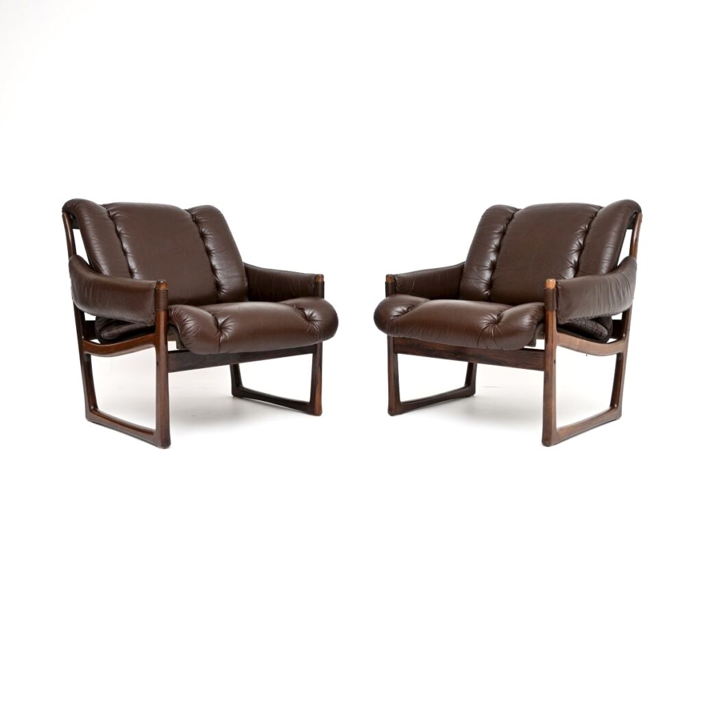 Pair of Vintage Rosewood and Leather Armchairs by Torbjorn Afdal for Bruksbo