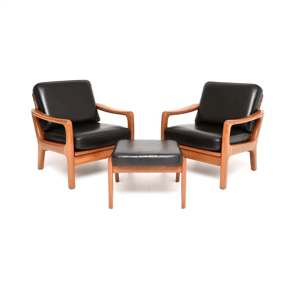 Pair of Danish Vintage Teak and Leather Armchairs with Stool by Juul Kristensen