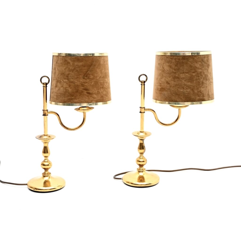 Pair of Vintage Brass Table Lamps with Velvet Shades